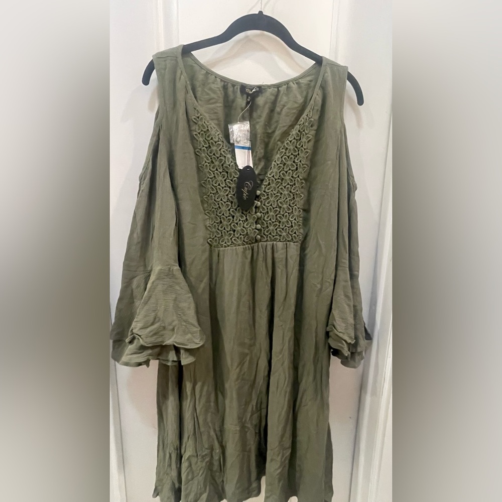 Olive Green Boho Dress with Lace Detail